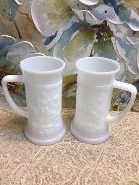 Vintage Federal Milk Glass 6" Tall Mug Stein 2 Beer Glass Tavern Scene Embossed